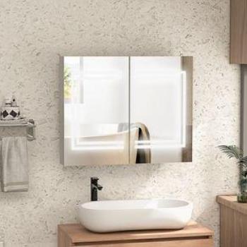 Kleankín Colgante para Baño – Armario con Espejo, Puertas Dobles y Luz LED