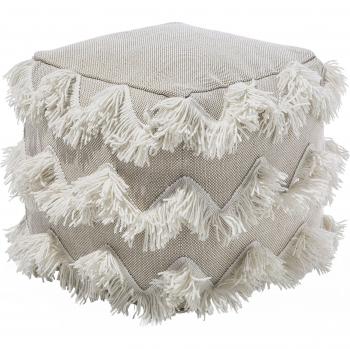 Puf beige de algodón con hilos y borlas decorativo boho rústico 44x45 cm