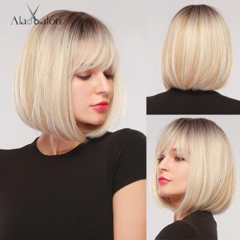 Perruque ondulée courte ALAN EATON femme en fibres synthétiques brun et blond cendré avec frange latérale haute température