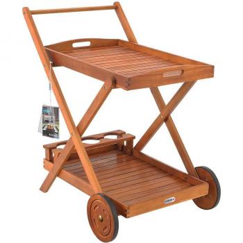 Chariot de service en bois d'acacia FSC® avec roues et plateau amovible