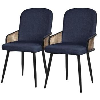 Chaises Modernes en Tissu Bleu Foncé avec Accoudoirs en Rotin