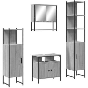 VidaXL Meubles 4 pcs – Rangement toilette & miroir, couleur Sonoma gris