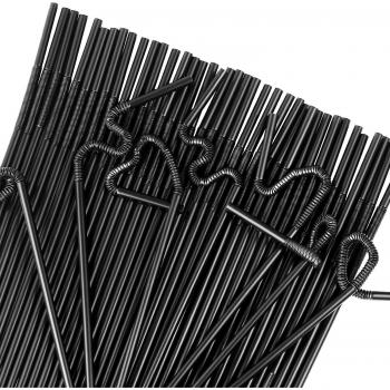 Pack de 100 pajitas de plástico largo y flexible en negro
