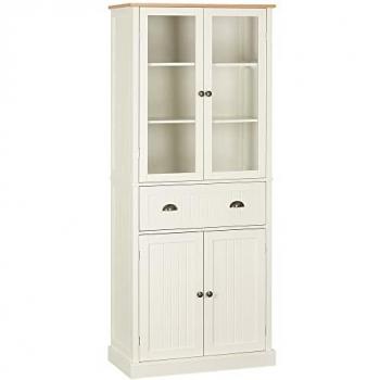 Homcom Buffet haut 4 portes grand tiroir coulissant panneaux crème verre Beige 76x182x40cm