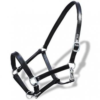 Black-colored adjustable Real Leather Stable Halter for Cob horses from vidaXL
