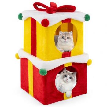 Costway Festlicher Katzenkronenbaum – 2‑stufig, mit Schleife und Spielball