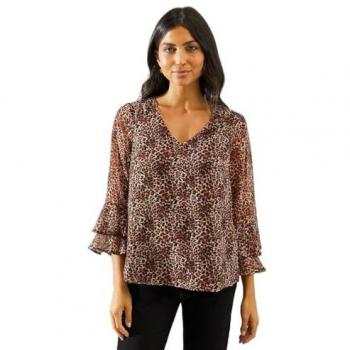 Women's Natural Leopard Print Flute Sleeve Top