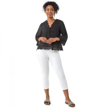 Size 14 Black Roman Petite Broderie Blouse with Scalloped Detail