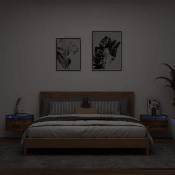 Comodini a Parete con luci led 2 pz Rovere Fumo