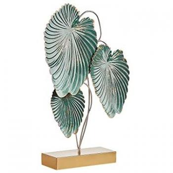 Statuetta Decorativa in Metallo Verde Azulado e Dorato con Foglie su Supporto