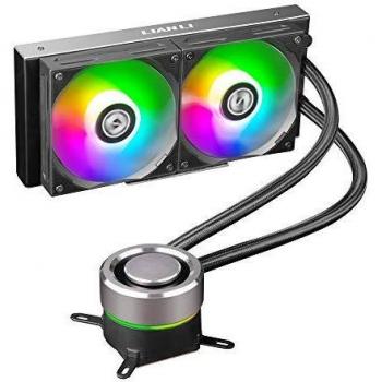 Black Lian Li Galahad AIO 240 Radiator Liquid Cooling System with RGB LEDs and Addressable Lighting Control