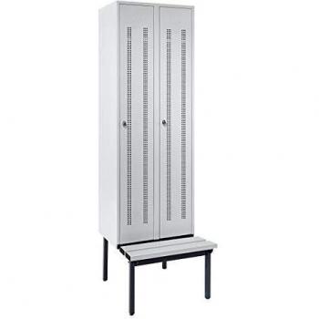 Armoire de vestiaire avec banc intégré et portes en tôle perforée