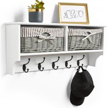 Wall Mounted Coat Hooks with 2 Wicker Baskets
