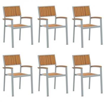 Outdoor Stackable Seating – 6 Chairs – Brown Acacia Wood, Grey Metal