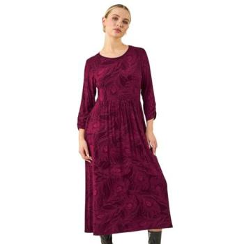 Roman Magenta Feather Print Midi Dress – Petite, Size 12