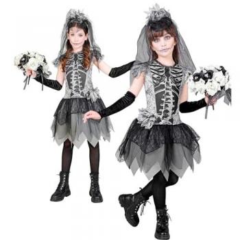 Kids Skelett-Hexenkleid „Geisterbraut“ – Fingerlose Handschuhe, Schleier
