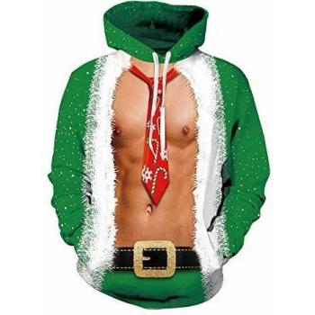 Damen‑Weihnachtspullover Spreadhoodie – 3D‑Kapuzenjacke, Brustdruck, Känguru-Tasche, Grün S