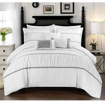 Cheryl Pleated & Ruffled King Comforter Kit – 10‑Piece White Set