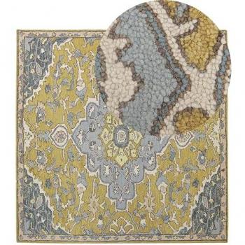 Alfombra vintage de lana amarilla y azul 200 x 200 cm