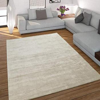 Alfombra Hecha a Mano de Alta Calidad 100% Viscosa Efecto Pana Vintage Brillo en Crema, Tamaño: 80x150 cm