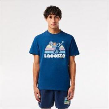 Camiseta Lacoste azul con efecto lavado y estampado de tenis