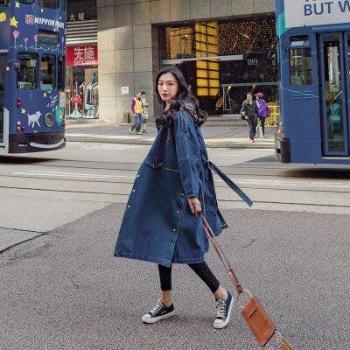 Denim Gabardina Femenina, Rompevientos Largo de Otoño, Talla Grande, Estilo Suelto