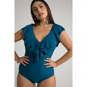 Plus Size V-Neck Swimwear with Flounce, Women's Blue, Size 26, Synthetic Fibers/Spandex