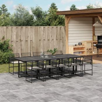 11-Piece Black Poly Rattan Patio Dining Set with Cushions