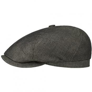 Stetson Brooklin Linen Flat Cap, Size XXL (62-63 cm), Colour Anthracite, Made in The EU, Flax Summer Herringbone with Peak, Lining Spring-Summer