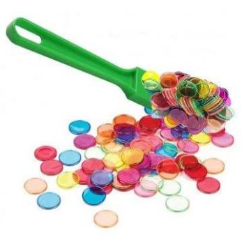 Baton Lotto Vert & 100 Pions Colorés – Kit Bingo avec Récupérateur de Jetons