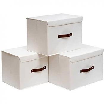 OUTBROS Large Collapsible Storage Box with Lid, Linen Fabric Clothing Shelf Basket Bins Toy Box For Towels, Books, Clothes