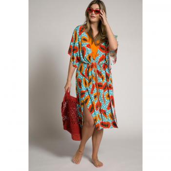 Ulla Popken Plus Size Turquoise Dot Papaya Print Kimono, Women, Size 16-22, Viscose