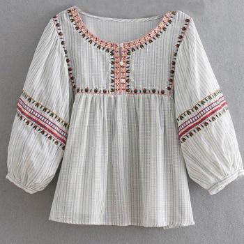 Blusa de Verano para Mujer, Camisa Bordada de Media Manga con Cuello Redondo