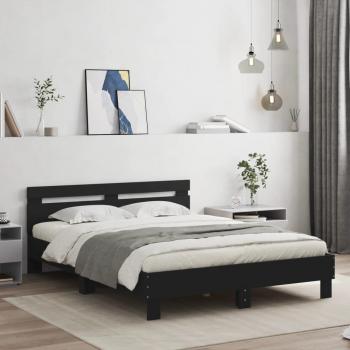 Cama matrimonial con estructura de múltiples capas y cabecero negro de 140x190 cm
