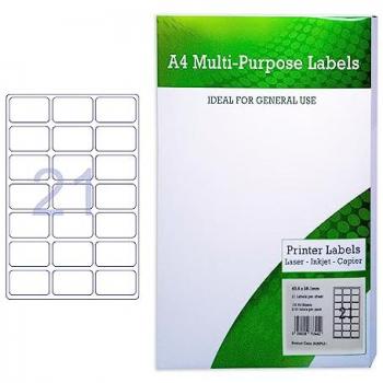 A4 Multipurpose Labels 21 per Sheet 63.5x38mm White Pack of 100