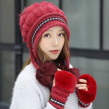 Warm Winter Hat and Gloves Set with Hair Ball