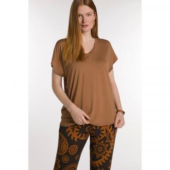 T-shirt corta in crêpe con scollo a V, Donna, Marrone, Taglia 48/50, Viscosa