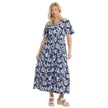 Navy Leaf-Print Maxi Dress with Notch Neck, M&Co, Size 14