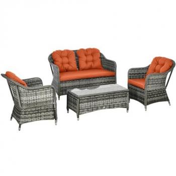 4-Piece Orange Cushioned Outdoor PE Rattan Sofa Set with Glass Coffee Table