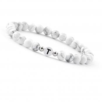 Bracelet perle avec gravure lettre T Howlith blanche