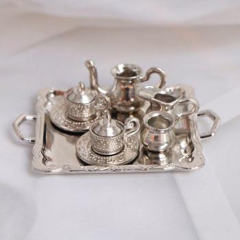 Set de vajilla en miniatura de metal plateado para casas de muñecas, 10 piezas, bandeja de té y café, 1/12