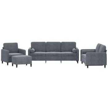 Dark Grey Velvet 4-Piece Sofa Set with Cushions