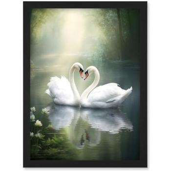 Elegant River Swans & Hearts – Misty Morning A4 Print