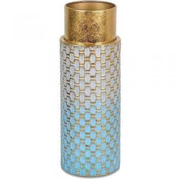 Jarrón Cilíndrico de Metal 38cm Azul y Dorado