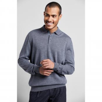 Graues Langarm-Poloshirt aus Merinowolle von bugatti