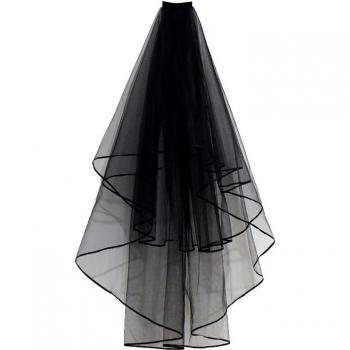 Two-Layer Black Wedding Veil with Short Ribbon Trim