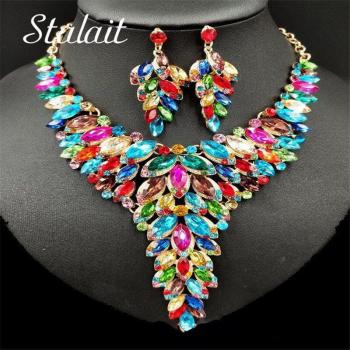 Bridal Feather Crystal Jewelry Set: Long Necklace with Earrings