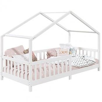 Lit cabane enfant en pin massif lasuré blanc LISAN 90 x 190 cm