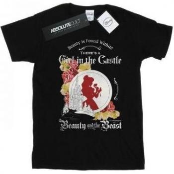 T-shirt Nera Donna La Bella e la Bestia con Immagine della Ragazza nel Castello
