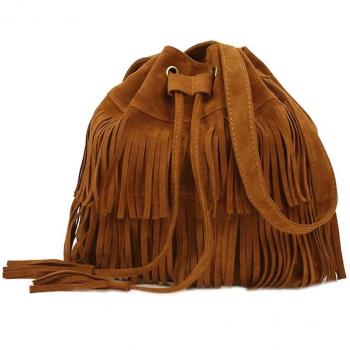 Sac dames en franges et rubans, sac bucket rétro, tote cross‑body pour femmes, brun
